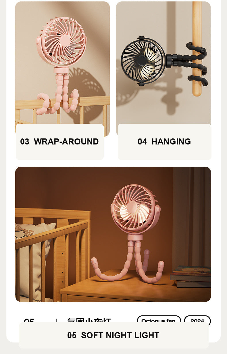 OctoBreeze 3-in-1 Flexible Octopus Fan — USB Rechargeable Stroller & Travel Fan with Wrap-Around Legs