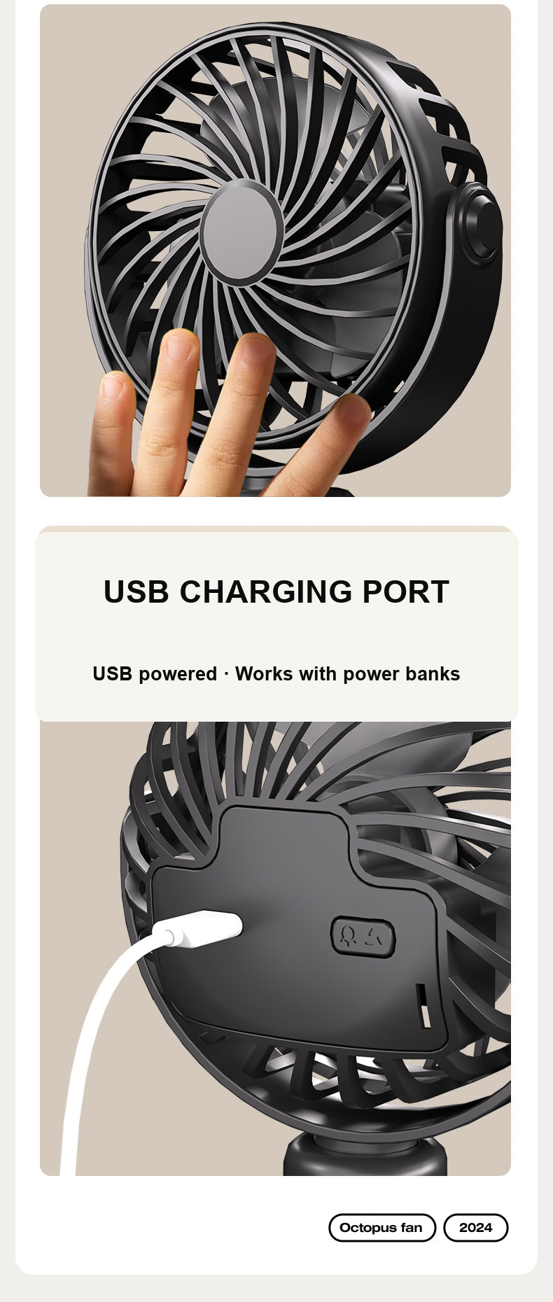 OctoBreeze 3-in-1 Flexible Octopus Fan — USB Rechargeable Stroller & Travel Fan with Wrap-Around Legs